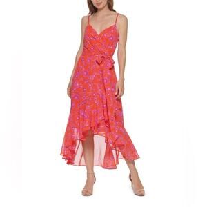 ELIZA J Dress Size 14 Midi Floral Spaghetti Strap Pink & Red Wedding Cocktail